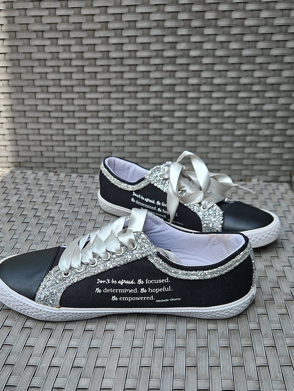*Bradford Exchange MICHELLE OBAMA Black  Silver Glitter Ribbon Low-Top Sneakers